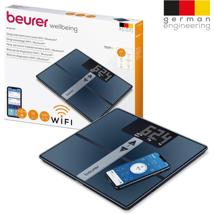 Діагностичні ваги Beurer BF 980 з Wi-Fi і Bluetooth, аналіз складу тіла, вимірювання частоти серцевих скорочень, акумулятор, чорні
