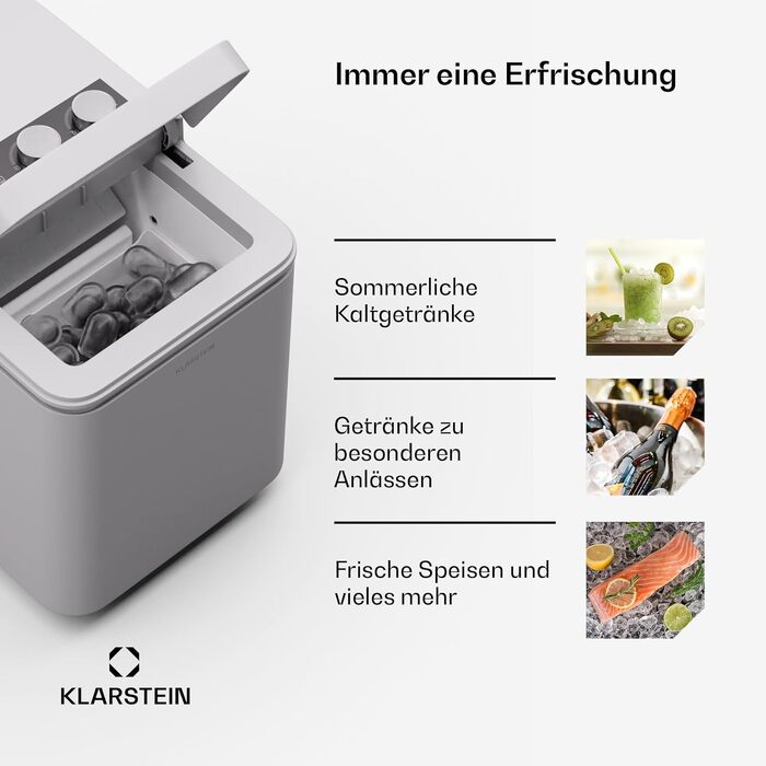 Льодогенератор Klarstein IceCraft 12 кг/24 год, швидке виробництво льоду (6 хв), 2 розміри, автоматичне очищення, для кухні та бару, 150 Вт, білий