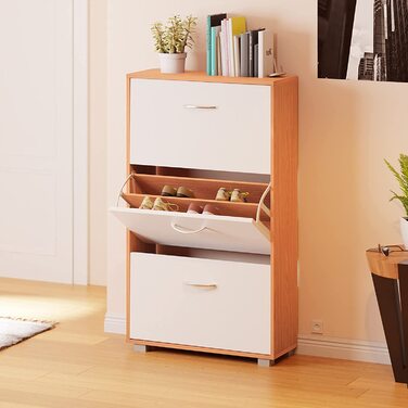 Шафа для взуття Casaria® на 18 пар, вузька, 115x60x25 см, 3 дверцята, дерев'яна, закрита, з фіксацією від перекидання, для прихожого/коридору, колір бук/білий