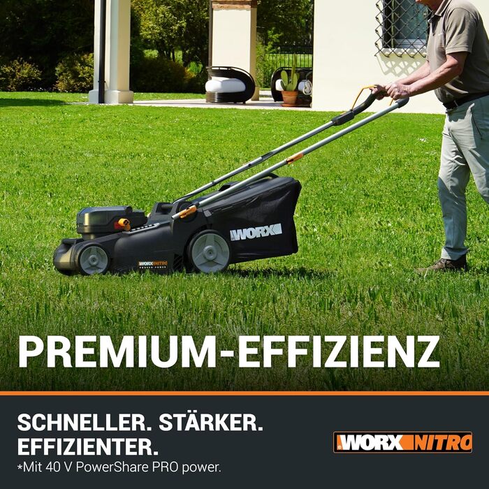 WORX WG737E акумуляторний газонокосарка Nitro 40V (2x20V) - безщітковий двигун, ширина зрізу 37 см, 6 рівнів висоти зрізу (20-70 мм), 40л травозбірник, 2x4Ah акумулятори та подвійний зарядний пристрій, без приводного колеса