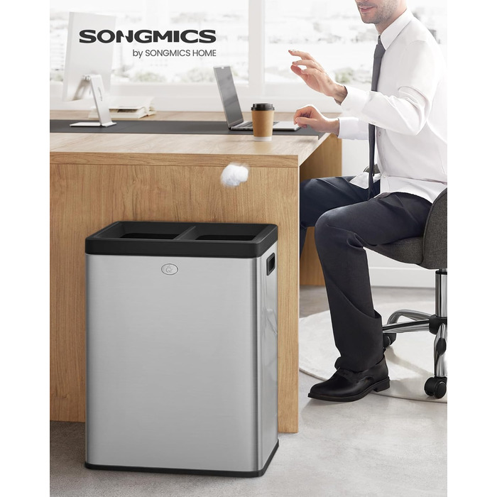 Сміттєвий бак SONGMICS ULTB710E50 з відкритою кришкою, подвійним відділенням для сміття та сортування, нержавіюча сталь, для офісу, ресторану, комерційного використання, 2 шт.