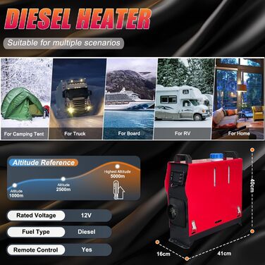 Дизельний повітряний опалювач Triclicks 12V 5KW для авто, RV, вантажівки, кемпера з LCD-дисплеєм та пультом керування (червоний + чорний)