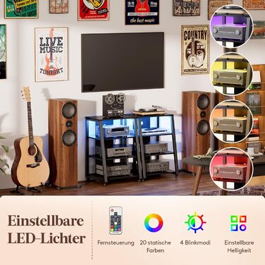 Polycote HiFi тумба з полицями на колесах, регульовані полиці, стійка для програвача з розетками та LED підсвіткою, коричнево-чорна, 60x55x90 см