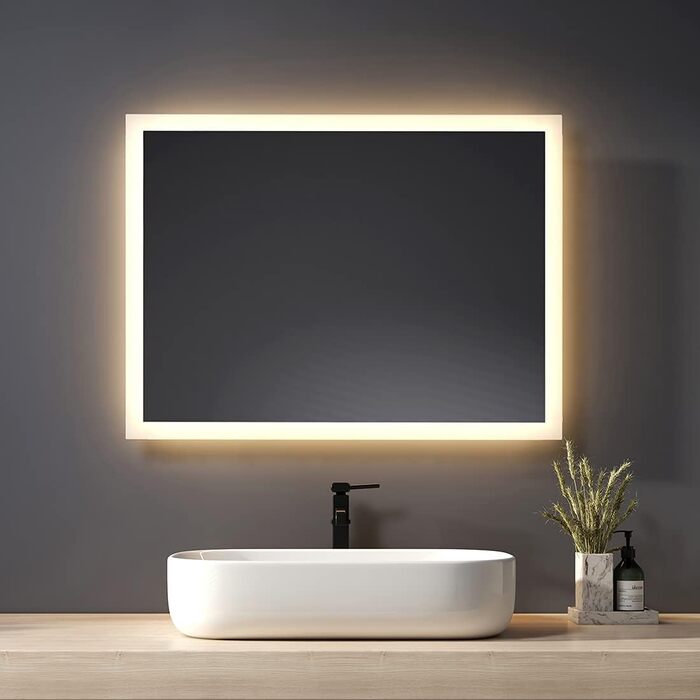 Дзеркало для ванної кімнати з підсвічуванням LED 80x60 см, тепле біле світло 3000K, монтаж вертикально/горизонтально