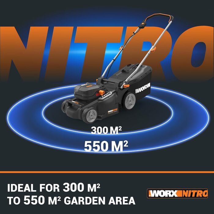 WORX WG749E акумуляторний газонокосарка 40V PowerShare з приводом на колеса, безщітковий двигун, ширина косіння 46 см, 7 положень висоти, з акумулятором та зарядним пристроєм, чорний (WG737E Nitro 40V 37 см)