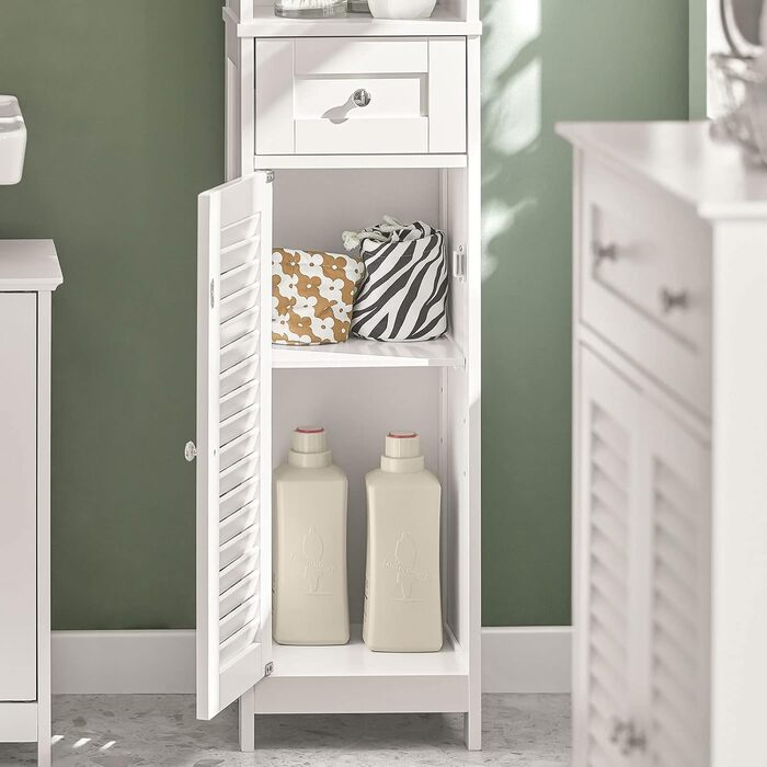 SoBuy FRG236-W Високий шафа для ванної кімнати, білий, 32x170x30 см, з відкритою полицею, шухлядою та дверцятами