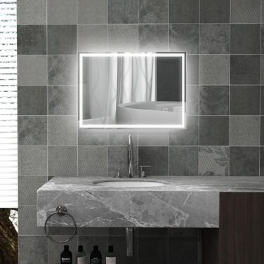 Дзеркало для ванної кімнати HOMCOM з підсвічуванням 70 x 50 см, LED, сенсорне управління, функція пам'яті, 3 кольори світла, антизапарник, срібне