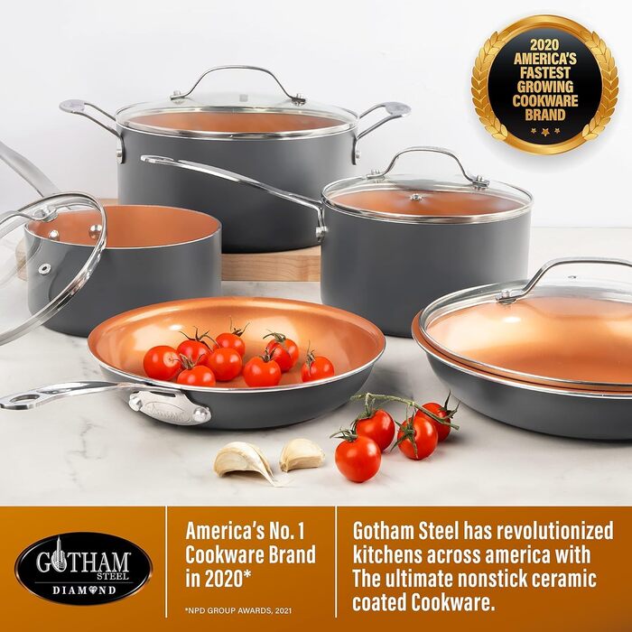 Набір посуду GOTHAM STEEL Pro Harteloxiert 13 предметів: преміум антипригарне покриття з кераміки та титану, для плити та духовки, коричневий