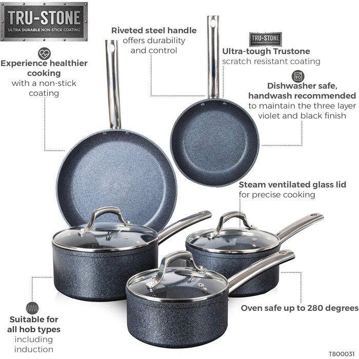 Набір сковорідок Tower TruStone Aluminium Violet Black 3 предмети (5-ти предметний набір)