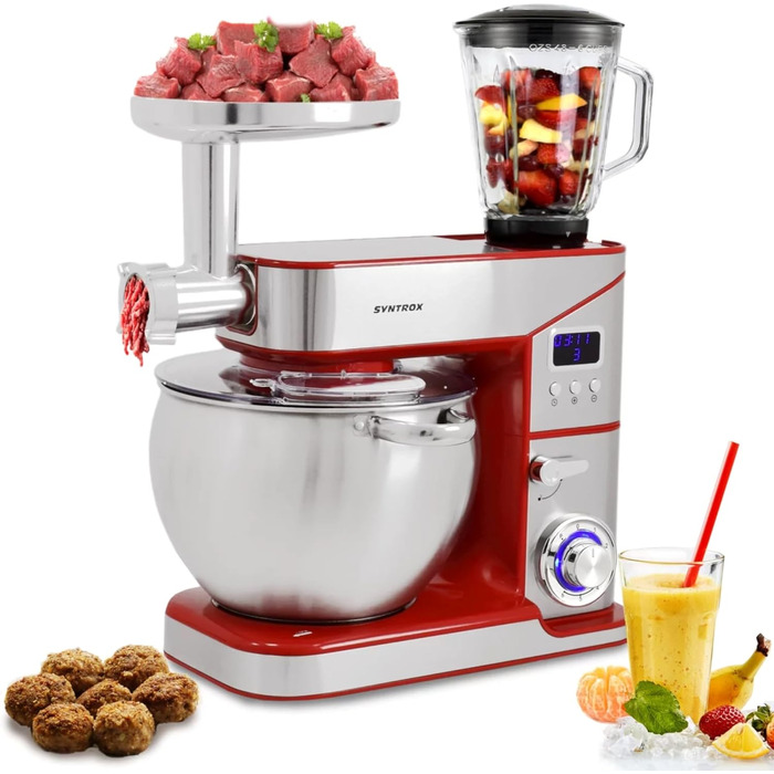 Кухонна машина Syntrox Ziglus 10 л, 2000 Вт, м’ясорубка, багатофункціональна, нержавіюча сталь, червона