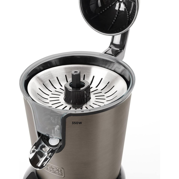 Електрична цитрусова соковижималка BLACK+DECKER BXCJ350E, 350 Вт, професійний мотор, нержавіюча сталь, регулювання м'якоті, 2 насадки, 650 мл