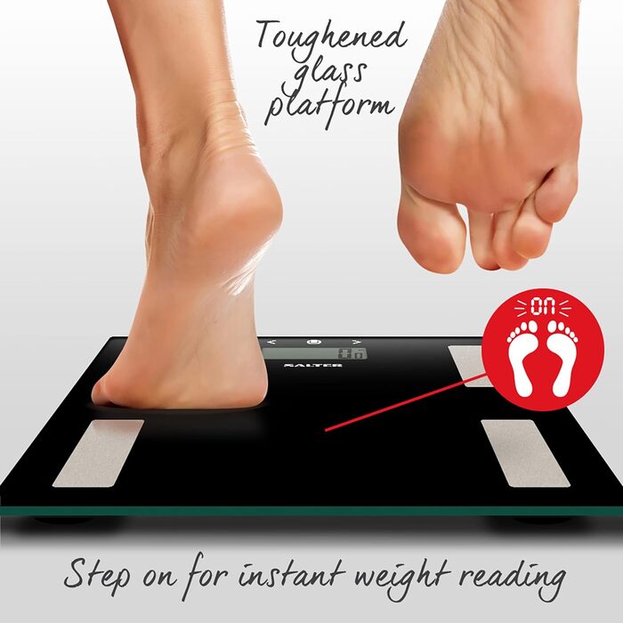 Електронна вага Salter 9150 BK3R для аналізу складу тіла, скляна, чорна – вимірювання ваги, ІМТ, жиру, води, до 8 користувачів, ультратонка, великий дисплей