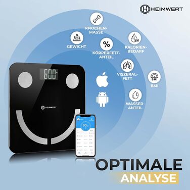HEIMWERT Розумна вага для аналізу складу тіла з Bluetooth, USB-акумулятором, цифрова, тестована, переможець тесту, вага для людей