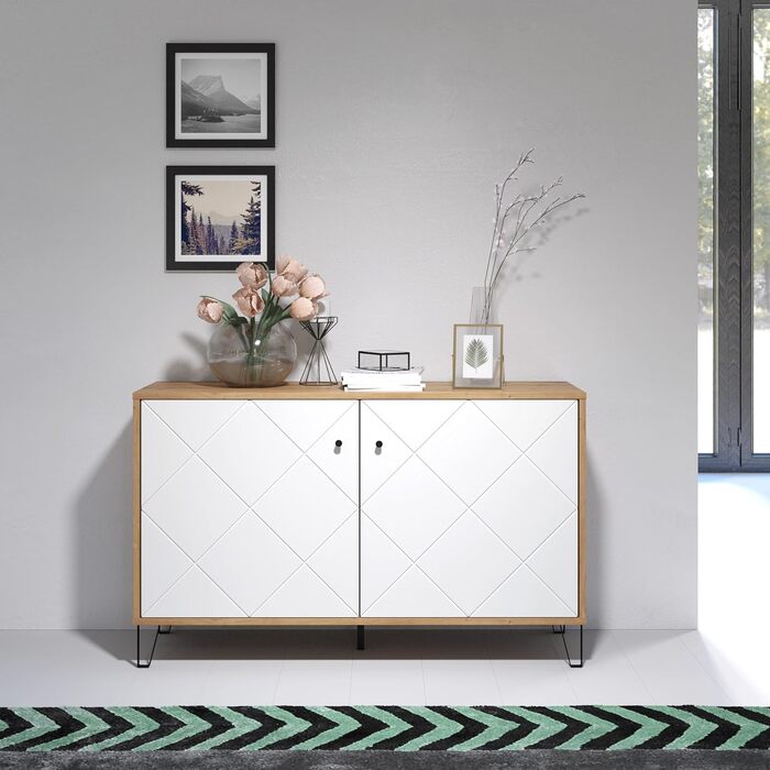 Тумба Trendteam Smart Living Touch Artisan Eiche/Weiß з 2 дверцятами та 4 відділеннями (123 x 76 x 40 см) - житловий шафчик з металевими ніжками