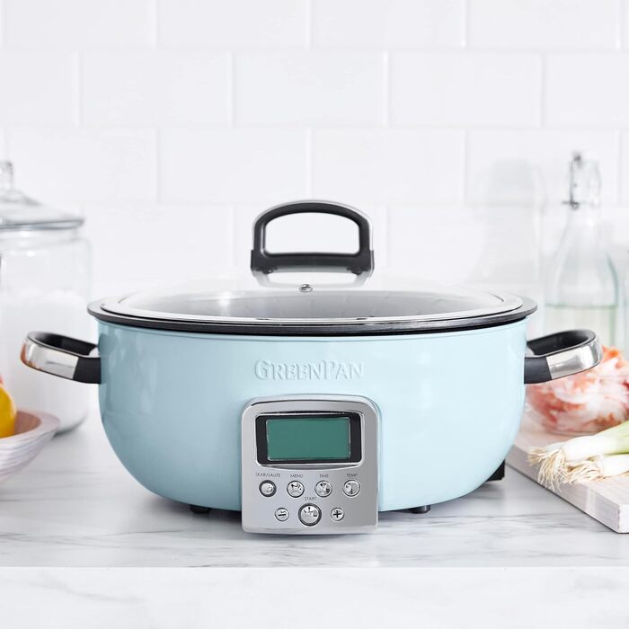 Електричний мультикуховар GreenPan Elite 5.6 л, керамічне антипригарне покриття без PFAS, для смаження, тушкування, приготування рису, LED-дисплей, посудомийна безпека, Blue Haze
