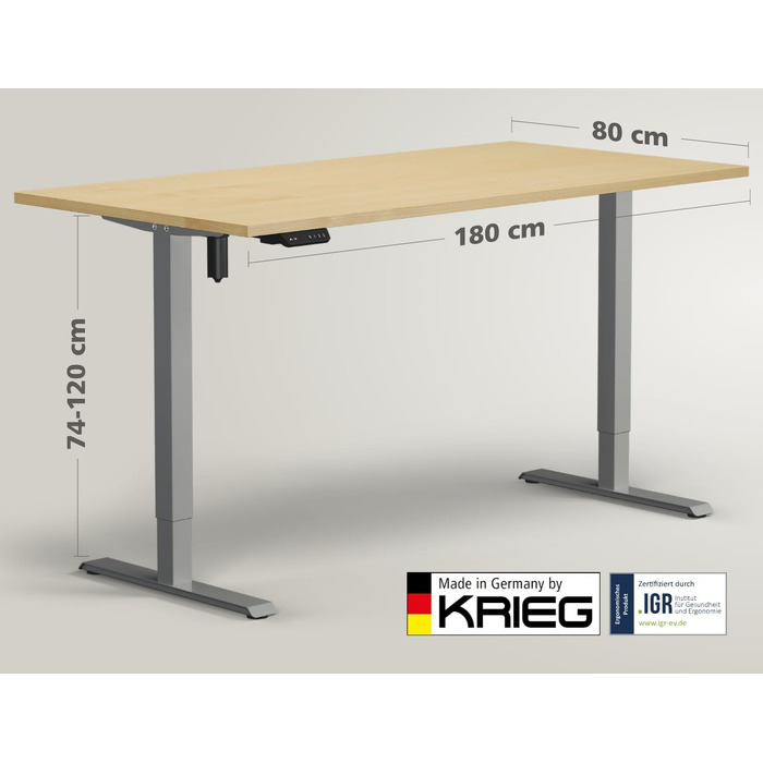 Електричний стіл KRIEG HighDesk SMART 180x80 см сріблястий/клен - регульований по висоті стіл для сидіння та стояння