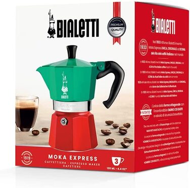 Кавоварка Bialetti Moka Express Italia, 3 чашки, алюмінієва, червоно-зелено-срібляста, класична еспресо-турка для плити