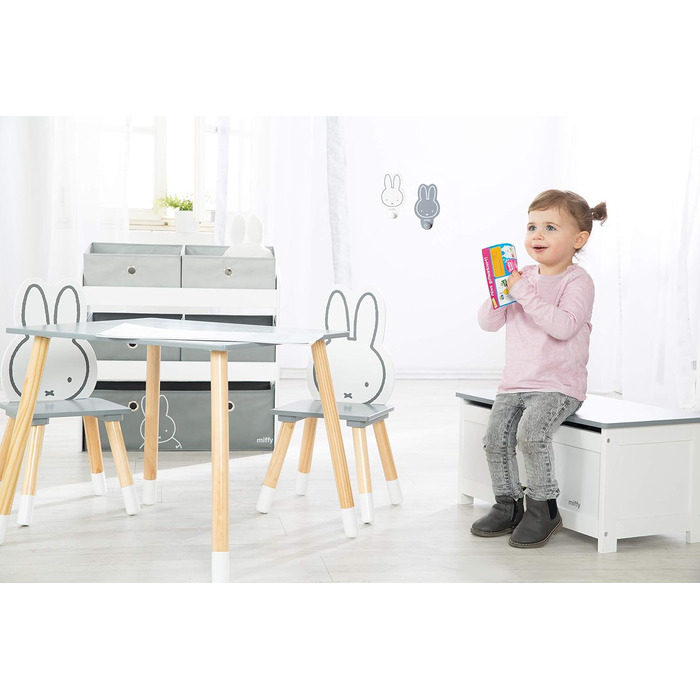Дитячий ігровий стелаж roba miffy® з 5 сірими тканинними ящиками, білий дерев'яний органайзер з кроликом для іграшок у дитячу кімнату для хлопчиків і дівчаток