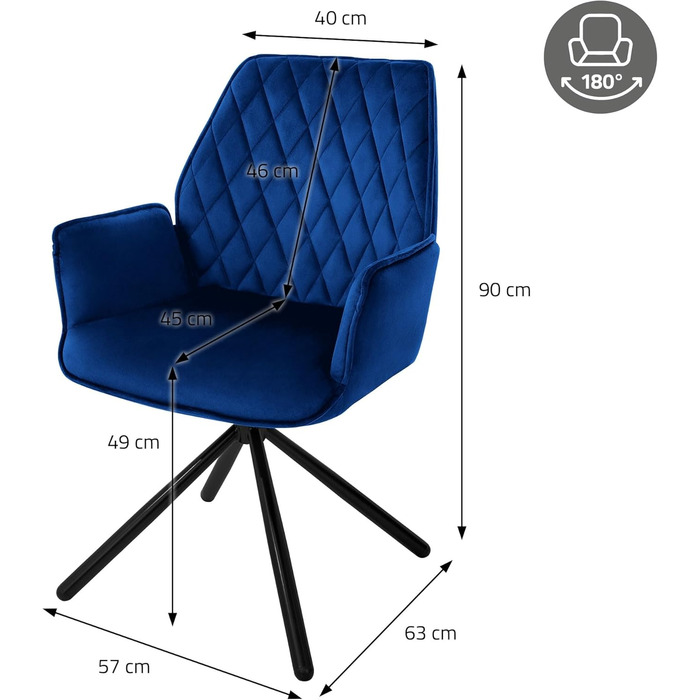 Крісла для їдальні ML-Design, комплект з 4 шт., темно-синій, з м'якою оббивкою з велюру, поворотні, з металевими ніжками, ергономічні