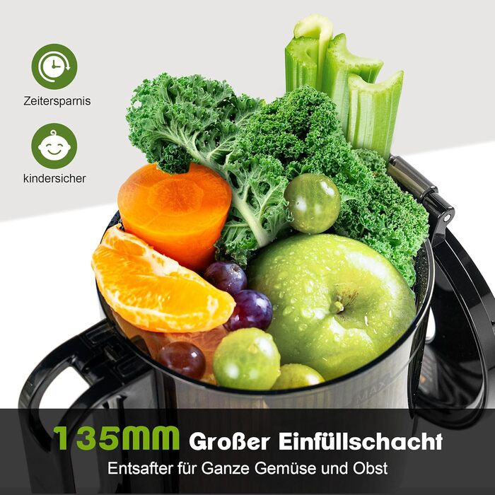 Фреш-прес Fretta Slow Juicer: повільний соковитискач з нержавіючої сталі, 135 мм, 1.8 л, з функцією реверсу, BPA Free, 250W сірий
