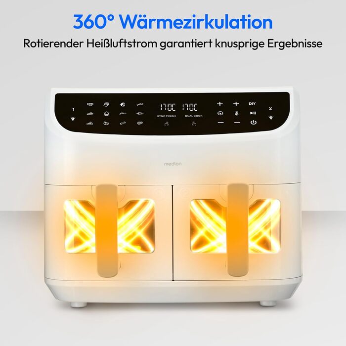 MEDION P20 XXL аерофритюрниця з двома камерами, 8,7 л, 2600 Вт, подвійна камера, 9 автоматичних програм, 2 шухляди, оглядове вікно, функція Dual Cook і Sync-Finish, біла