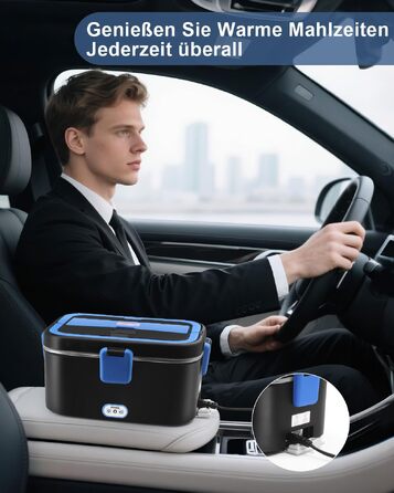 Електричний ланч-бокс AUTOPkio 1.8Л 80Вт (12В/24В/220В) — Підігрівач їжі з нержавіючої сталі для авто, вантажівок та офісу, чорно-синій