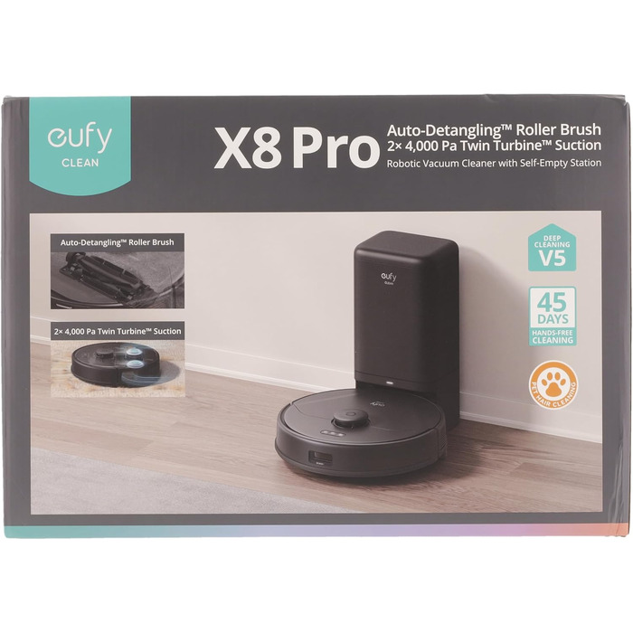 Робот-пилосос eufy X8 Pro з базою для самоочищення і функцією вологого прибирання, Twin-Turbine™ 2×4000 Па, щітка проти заплутування, лазерна навігація iPath™, для твердих підлог і килимів