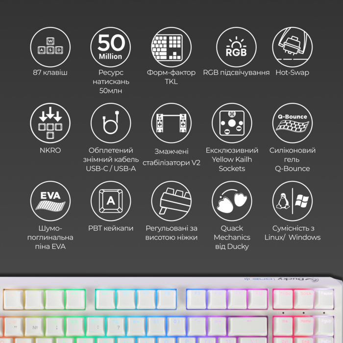 Механічна клавіатура Ducky One 3 TKL Cherry MX Blue RGB White UA