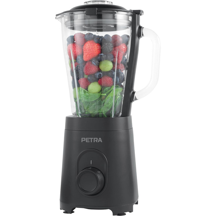 Скляний стаціонарний блендер Petra PT5531MBLKVDE, 1.5 л, BPA Free, 600 Вт, імпульсний режим, 2 швидкості, нержавіюча сталь, безпечна кришка, мірна шкала, для смузі