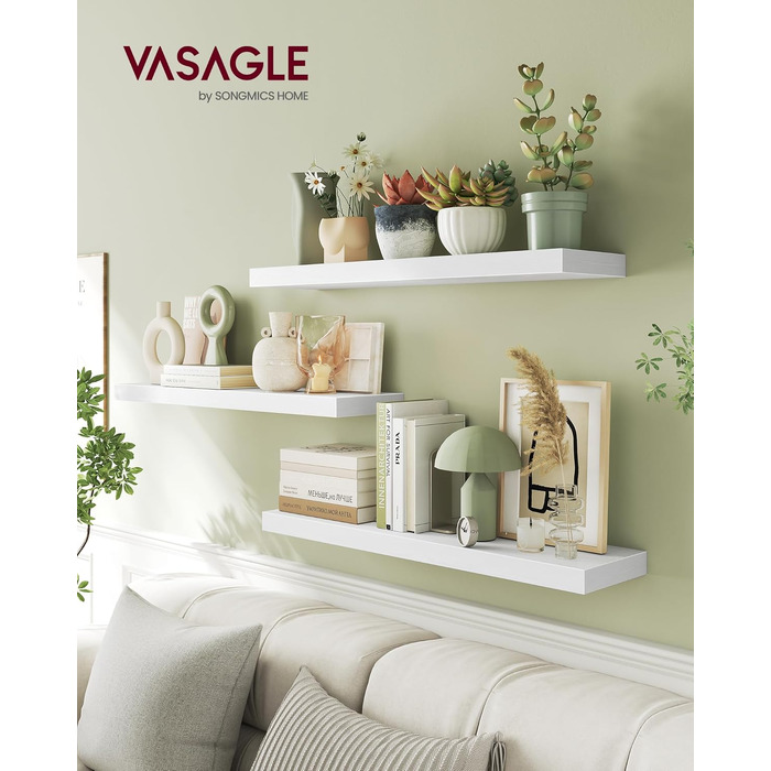 Полиця настінна VASAGLE Custos, набір 4 шт, біла 20x60x3.8 см для вітальні, кухні, офісу