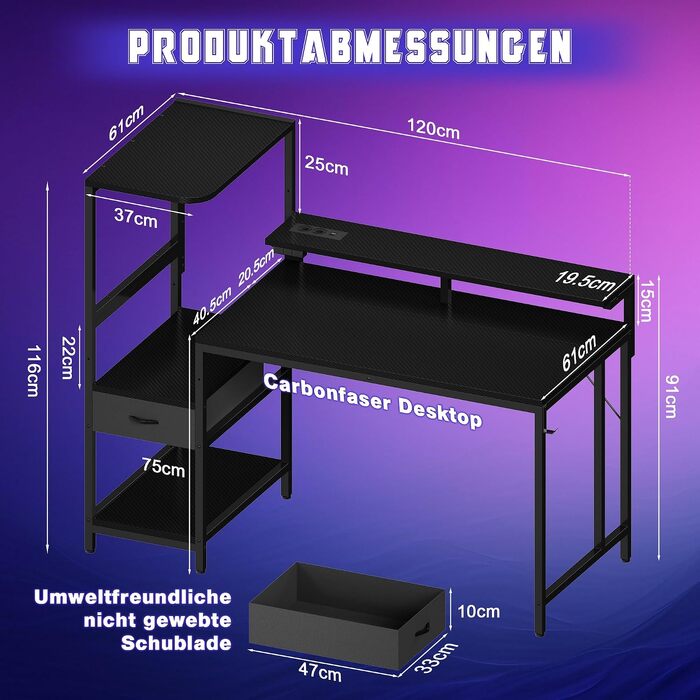 Ігровий стіл JUMMICO 140x60 см з розеткою, LED-підсвіткою та вуглецевим покриттям, комп'ютерний стіл з полицями, шухлядою та підставкою для монітора (Чорний)