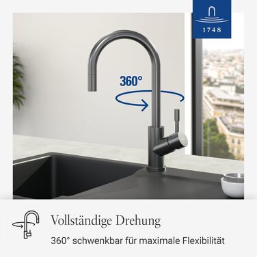Змішувач кухонний Villeroy & Boch Umbrella Flex з висувним душем, антрацит - економія води, висота виливу 220 мм