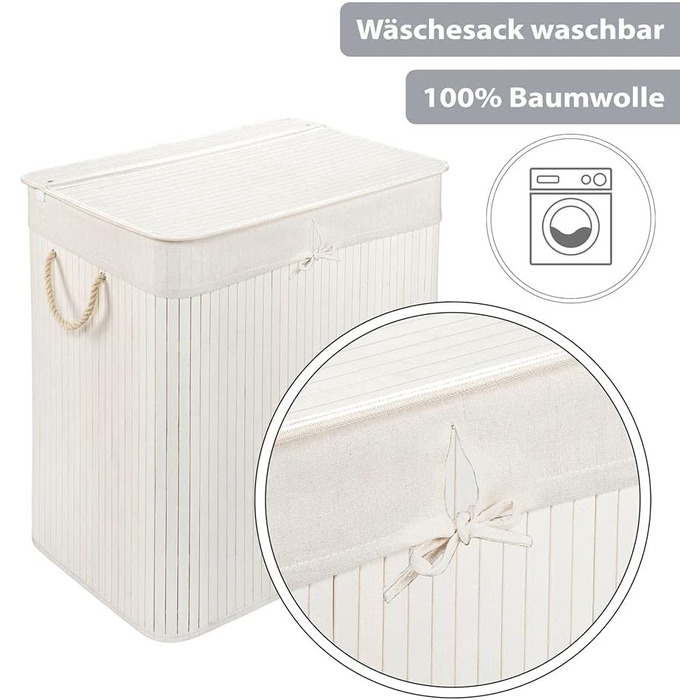 Бамбуковий кошик для білизни PANA ECO з кришкою, складний, 150 л, білий, для ванної, з мішком, 100% бамбук