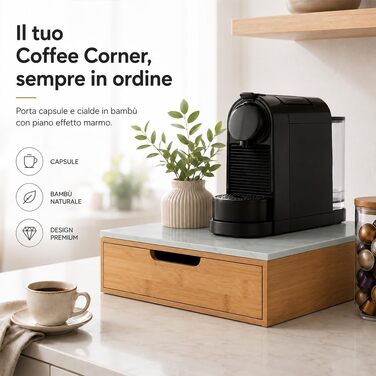 Тримач для кавових капсул BAKAJI з шухлядою з бамбукового дерева для Nespresso, Dolce Gusto, Modomio, Lavazza, чайних пакетів та цукру, білий (31,5 x 30 x 10 см)