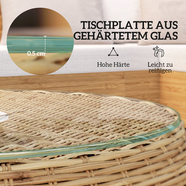 Outsunny Poly Rattan Бічний столик Круглий журнальний столик Журнальний столик зі скляною стільницею Балконний стіл Садовий стіл Диванний стіл Чайний столик Ротанговий стіл для саду Патіо Балкон, Ø75 x 42 см Коричневий