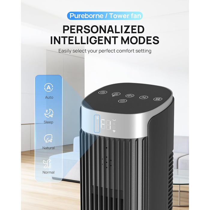 Вентилятор вежовий Leiser Smart 25дБ з осциляцією 90°, 4 режими, таймер 12 год, 109 см, чорний