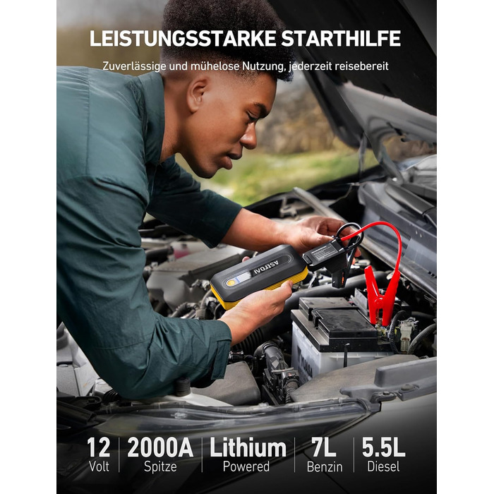 Powerbank Starthilfe AstroAI B8 для автомобіля: 7.0L бензин/5.5L дизель, Jump Starter з LED, QC 3.0 USB, 12V