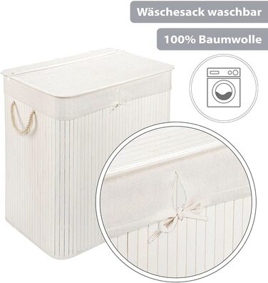 Бамбуковий кошик для білизни PANA ECO з кришкою, складний, 150 л, білий, для ванної, з мішком, 100% бамбук