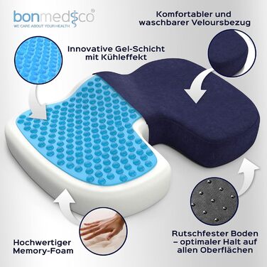 Ортопедична подушка для сидіння Bonmedico з Memory Foam та гелевим наповнювачем - для автомобіля, офісного крісла, інвалідного візка. Велюр, великий розмір.