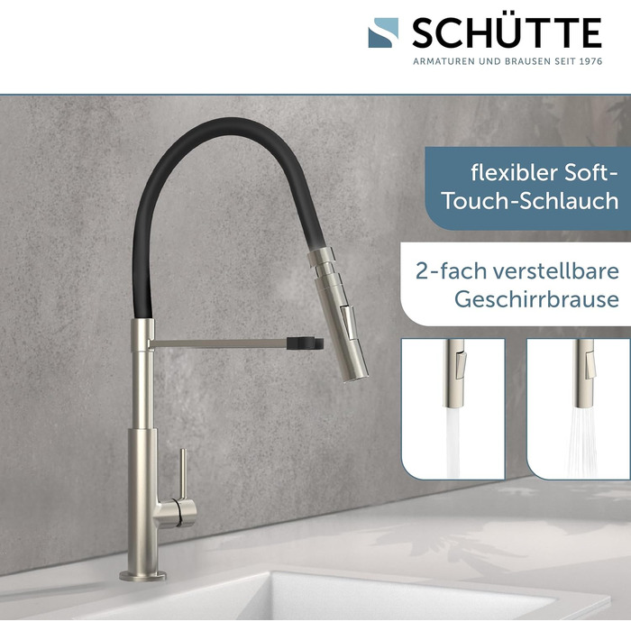 Змішувач кухонний Schütte 23138 Design з висувним шлангом Soft Touch, поворотний на 360°, нержавіюча сталь/чорний