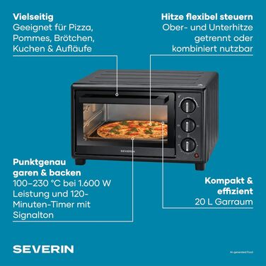 Міні-піч Severin Bake&Toast TO 2078, 20Л, 1600Вт, з таймером та конвекцією (верхній та нижній підігрів), чорна