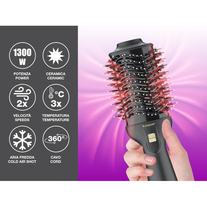 Фен-щітка Beper P301PIS100 1300 Вт, іонізація, 2 швидкості, для об'єму і швидкого сушіння та укладання волосся