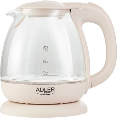 Електричний чайник Adler AD 1238, скляний, 1 л, 1100 Вт, LED-підсвічування, бежевий
