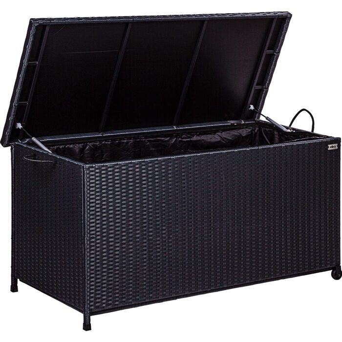 Ящик для подушок STILISTA® з ротангу (поліротанг) 122x62x56 см з кришкою, автоматичним підйомним механізмом, внутрішньою підкладкою, колесами та ручками, 4 кольори
