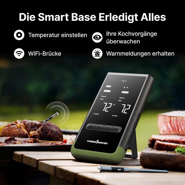 Розумний бездротовий термометр для м'яса ThermoMaven з базовою станцією, Bluetooth та Wi-Fi, 2 щупи, 6 сенсорів, NIST-сертифікований, для смокера, духовки та BBQ, колір авакадо
