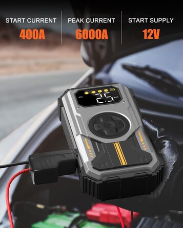 Powerbank для автомобіля Starthilfe: 6000A, 12V, компресор 150 PSI, LED, LCD, для бензинових та дизельних двигунів (до 7.5L/6L), сріблястий