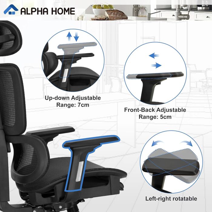 Ергономічне офісне крісло ALPHA HOME з підніжкою, регульованим підголівником і 3D підлокітниками, дихаючий комп'ютерний стілець для керівника, висока спинка, вантажопідйомність до 160 кг, чорний