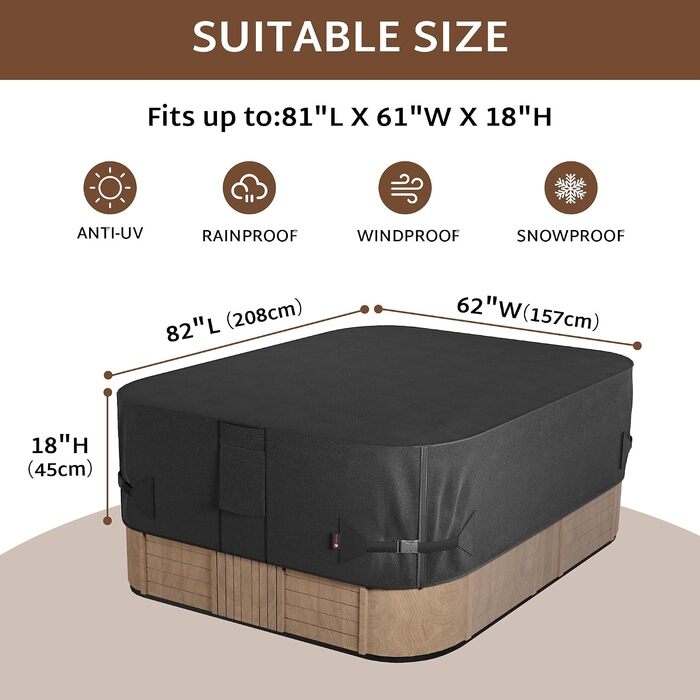 Водонепроникний чохол для гідромасажного jacuzzi iBirdie прямокутний, 208 x 157 см, міцний та стійкий до погодних умов, SPA 600D, чорний
