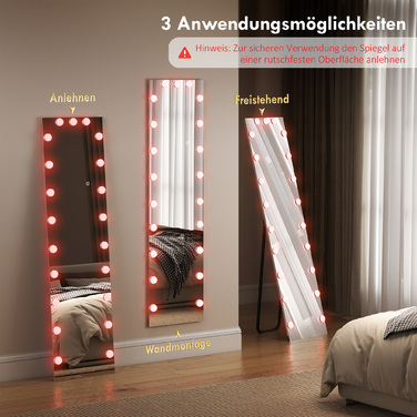 Дзеркало у повний зріст 150x40 см з RGB-підсвіткою LED, настінне/підлогове, з 21 лампочкою, 7 кольорів підсвітки, сенсорне керування, функція пам'яті.