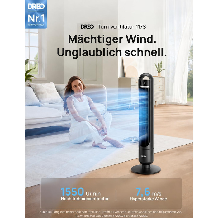 Вентилятор підлоговий DREO Smart Tower 91.5 см: тихий, з пультом, WiFi, Alexa/Google, 90° осциляція, 4 режими, таймер 8 год, для дому/офісу (чорний)
